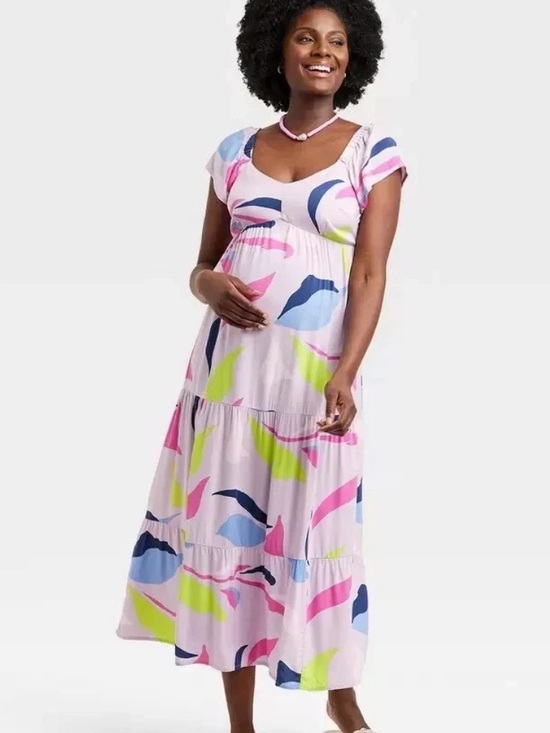 Isabel Maternity by Ingrid & Isabel Dresses & Skirts - Isabel Maternity Flutter Short Sleeve Colorful Tiered Maxi Dress Size L - NWT
